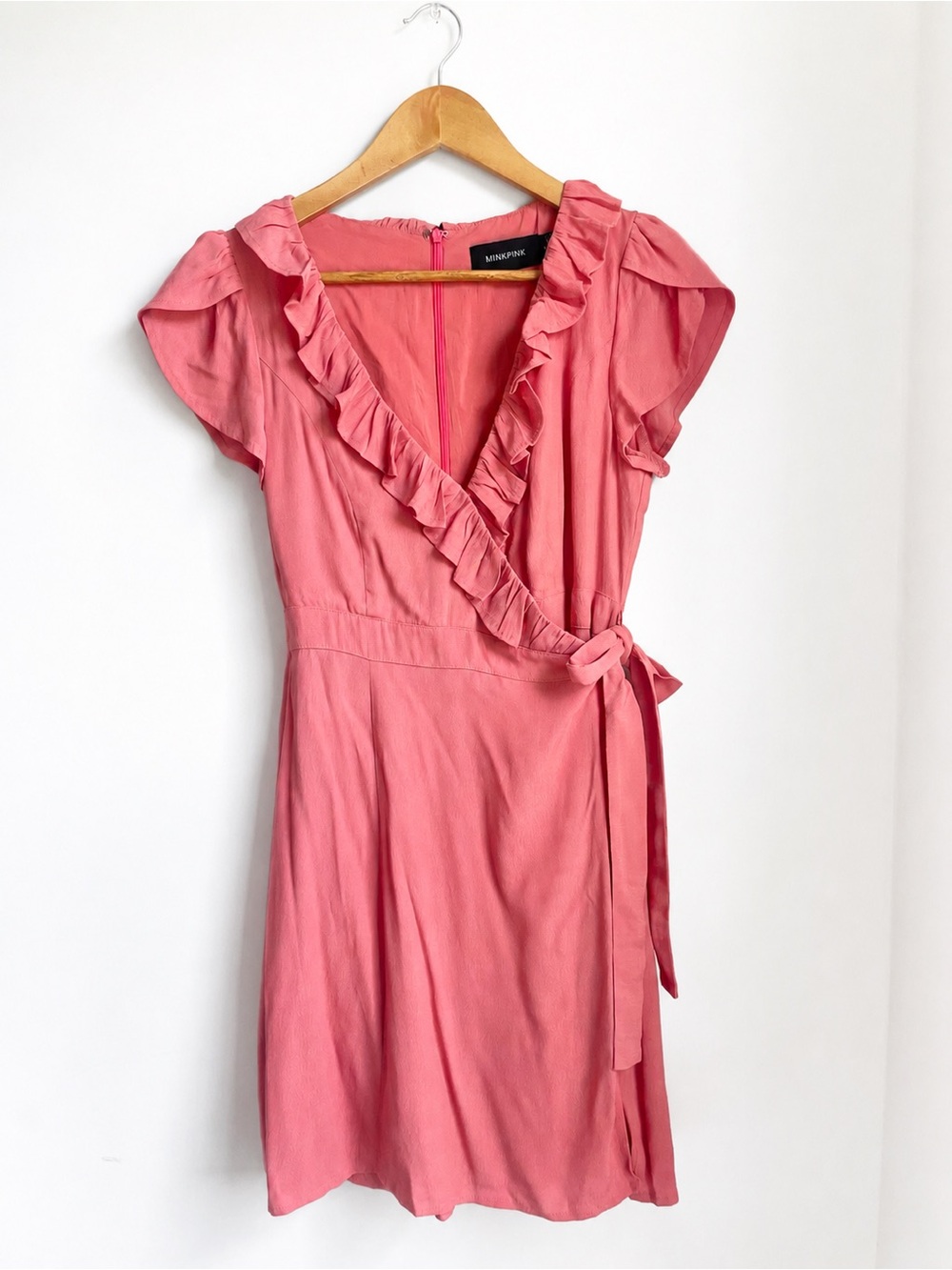 MINKPINK Coral Pink Ruffle Wrap Mini Dress